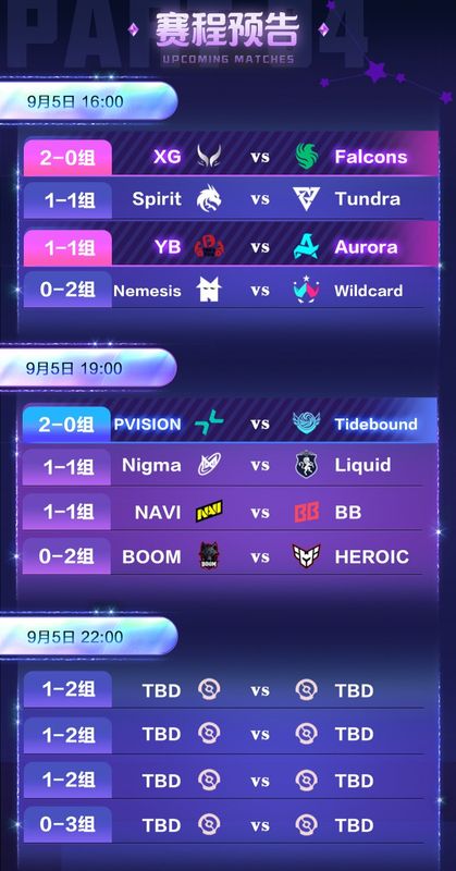 TI14官方赛程表截图，标注了中国战队次日对战信息，背景为舞台灯光与巨型Dota2标志