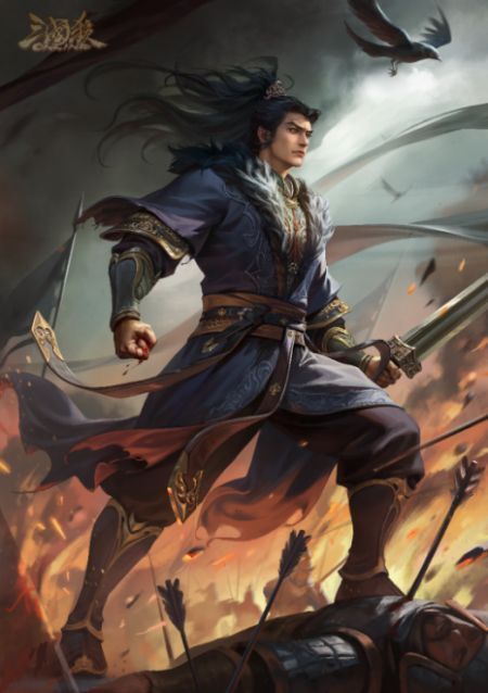 SP曹操角色立绘正面展示，身穿暗金战甲，手握长剑，眼神凌厉，身后是战火纷飞的洛阳废墟