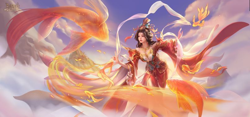 族吴苋皮肤‘芳泽沐鲤’动态效果图，金色锦鲤围绕飞舞，人物立于云端，光影柔和梦幻