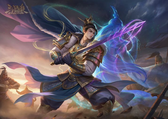 阎柔皮肤‘枕戈忾敌’战斗姿态截图，全副武装，持剑跃起，战场硝烟弥漫