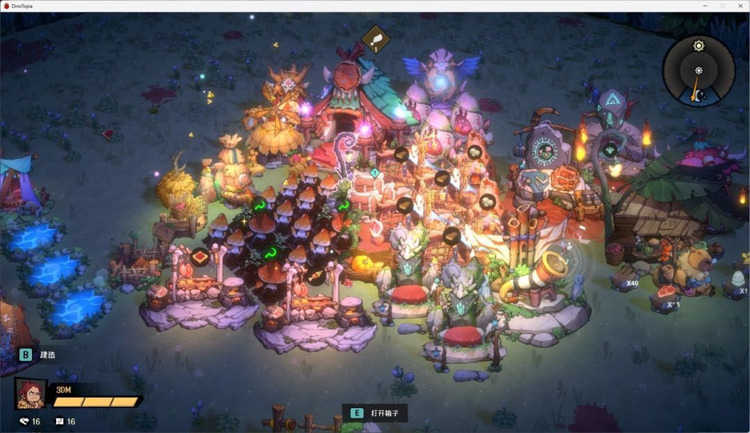 农田区域特写，农作物整齐排列，周边分布着收割台和堆肥箱，迪诺兽正在田间作业