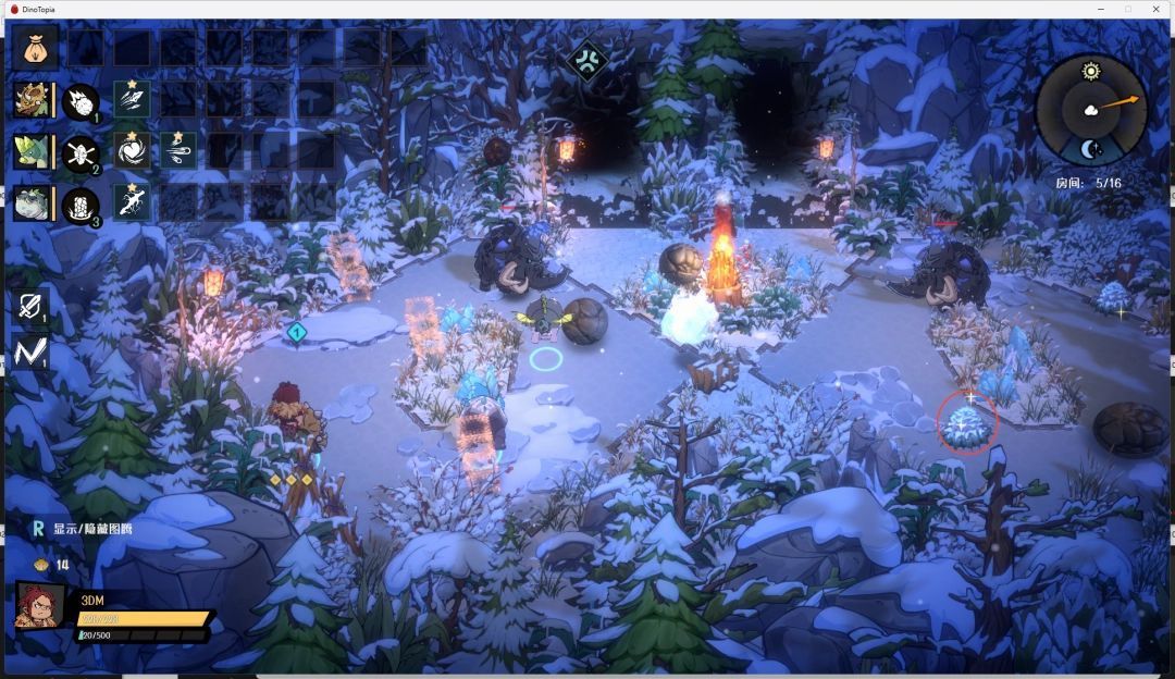 迪诺兽使用技能击打发光植物，结晶草碎片从植株中飞出并落入背包