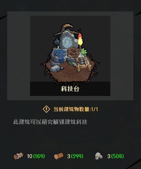 科技台界面展示，桌面上摆放着刻有符号的石板与工具，背景为原始风格实验室