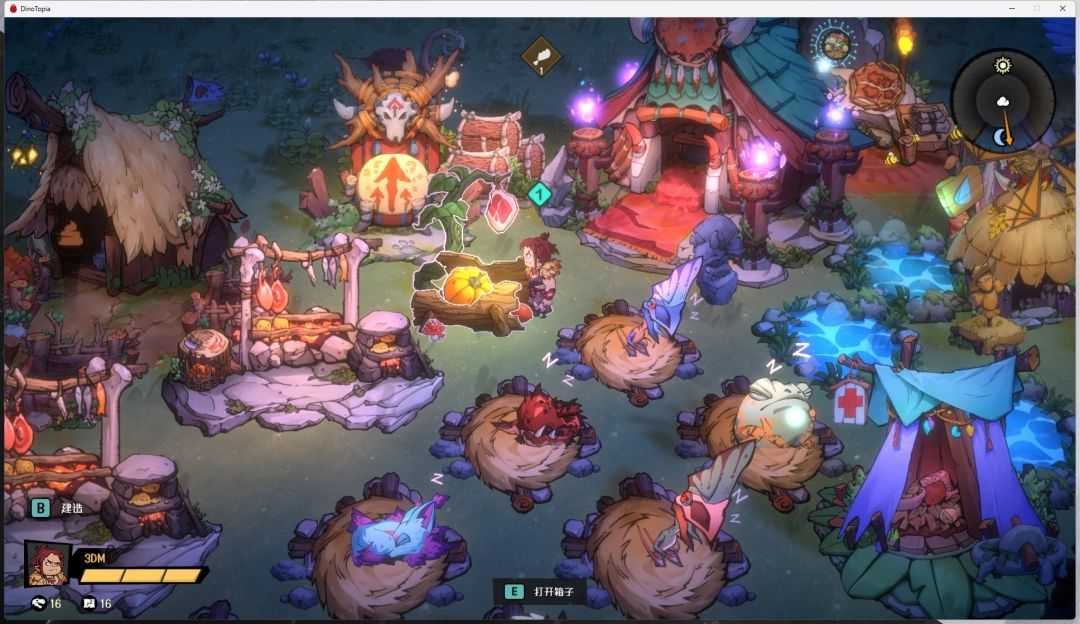 食槽使用示意图，几只小恐龙正围在木制长槽旁进食，槽内放有水果和肉类