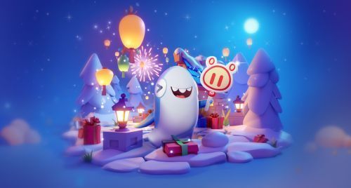 《太空杀》玩家佩戴猪猪侠联动背饰在飞船内行走的画面，背后是节日彩灯装饰的舱室