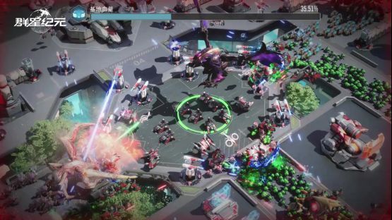 玩家指挥官站在高地上俯瞰整片星球地表，脚下是正在建造的基地，空中有运输舰穿梭