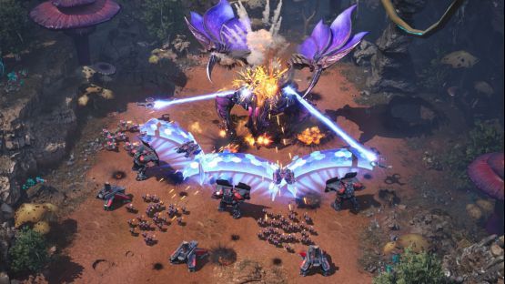 多支机甲部队在星球表面激烈交火，空中战机缠斗，地面单位展开阵型推进