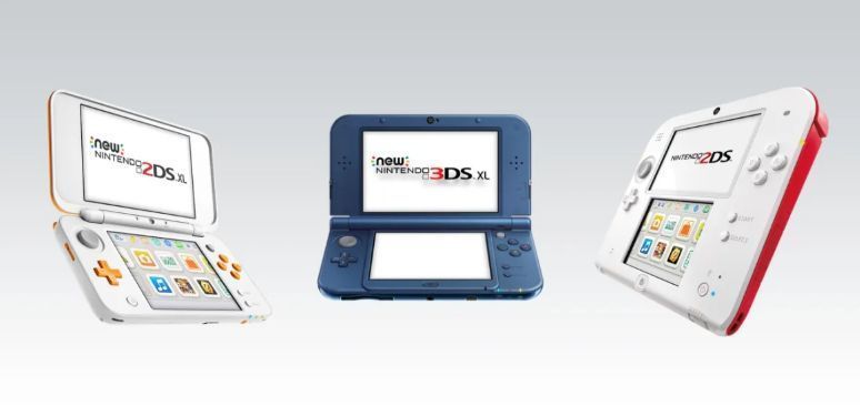 任天堂3DS系列多款机型并列展示，包括初代3DS、3DS XL和New Nintendo 2DS XL，呈现其十年发展演变