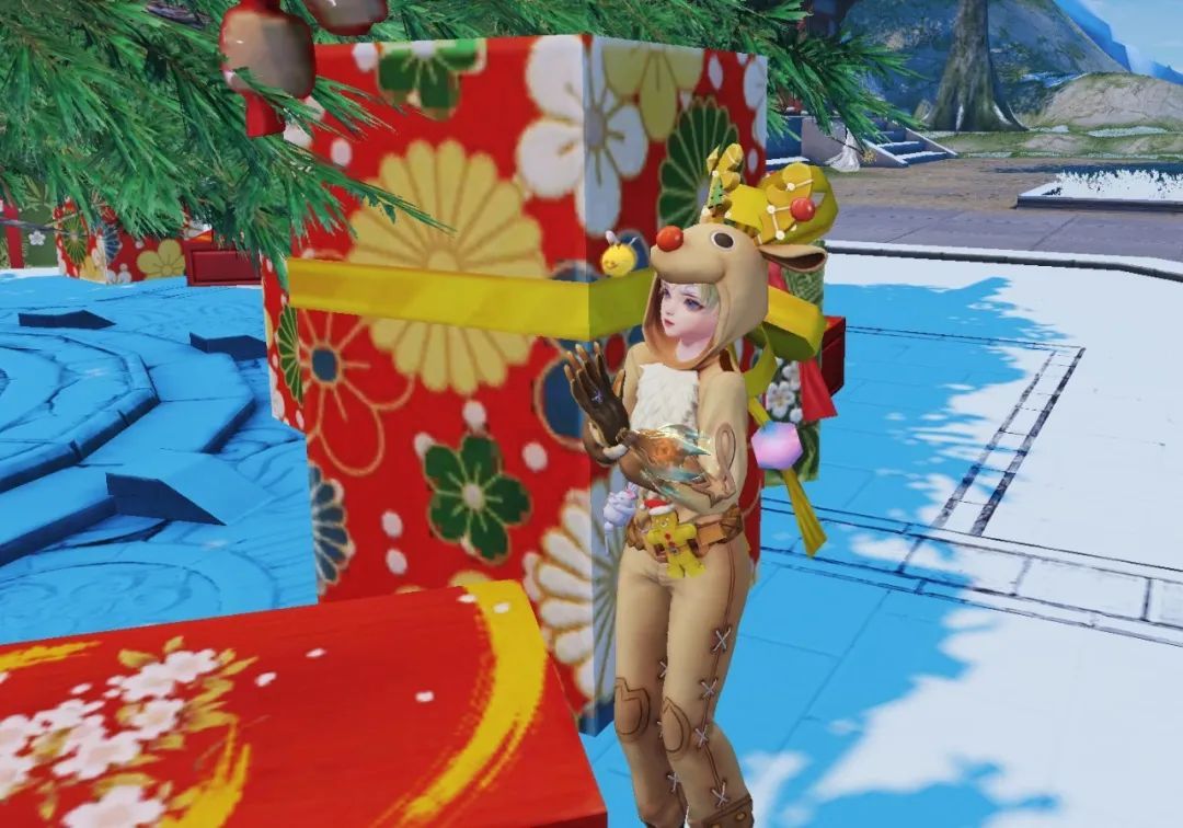 玩家社区投稿截图，角色站在雪地中展示驯鹿奇缘时装，背景为夜晚城市灯火