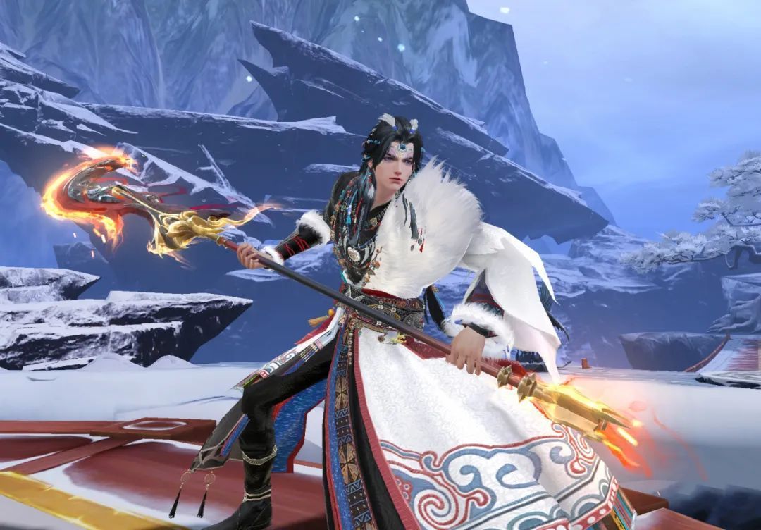 男款雪域藏云展示，站立于岩石之上，长袍随风飘扬，眼神锐利