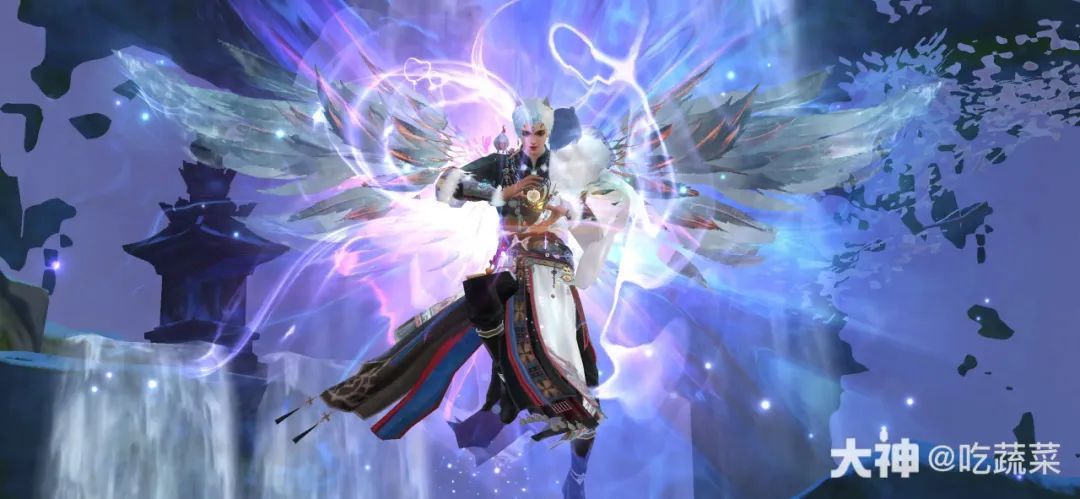 角色跃起释放技能，身后浮现星空图腾，光影特效绚丽