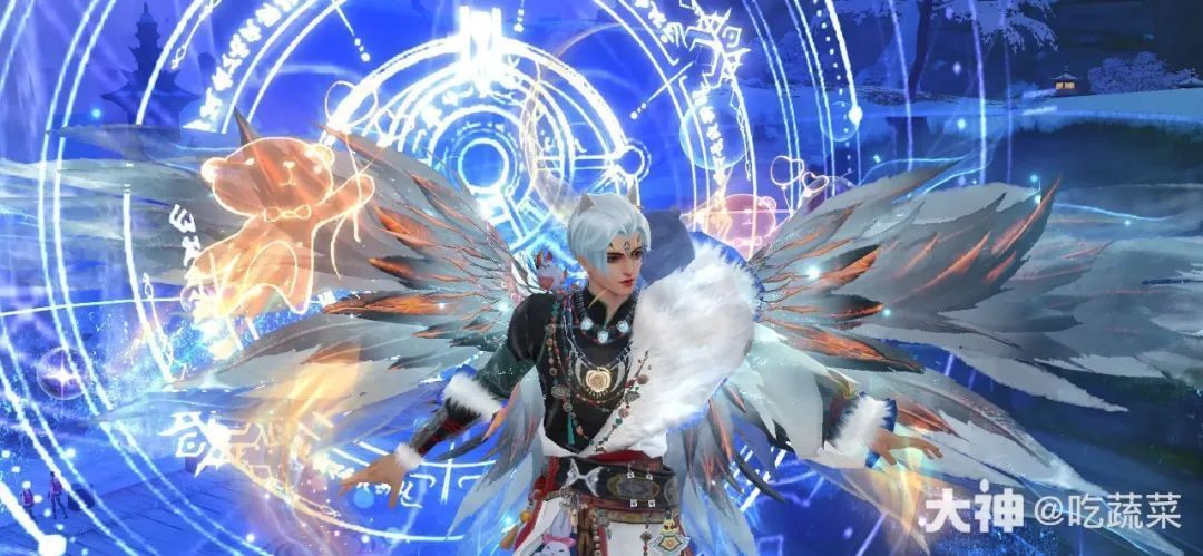 特写镜头展示面部金绿色纹饰与锐利眼神，充满仪式感