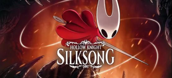 《空洞骑士:丝之歌》游戏封面图，小骑士站立于神秘蛛网缠绕的幽暗洞穴入口，背景光影诡谲，氛围神秘而压抑