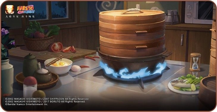 庆典厨房小游戏界面，玩家正在操控火焰加热多层蒸笼，食物冒出热气