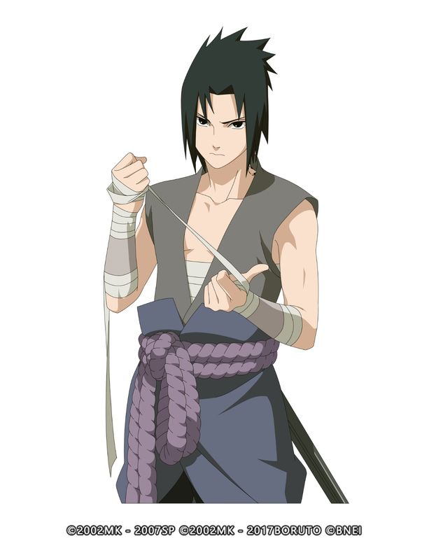 宇智波佐助「疾风传」身穿新时装持刀而立，背景为燃烧的写轮眼图案