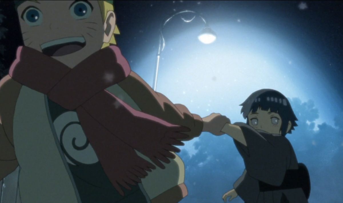 日向雏田身穿忍者服，眼神温柔而坚定，背景为木叶村的樱花树