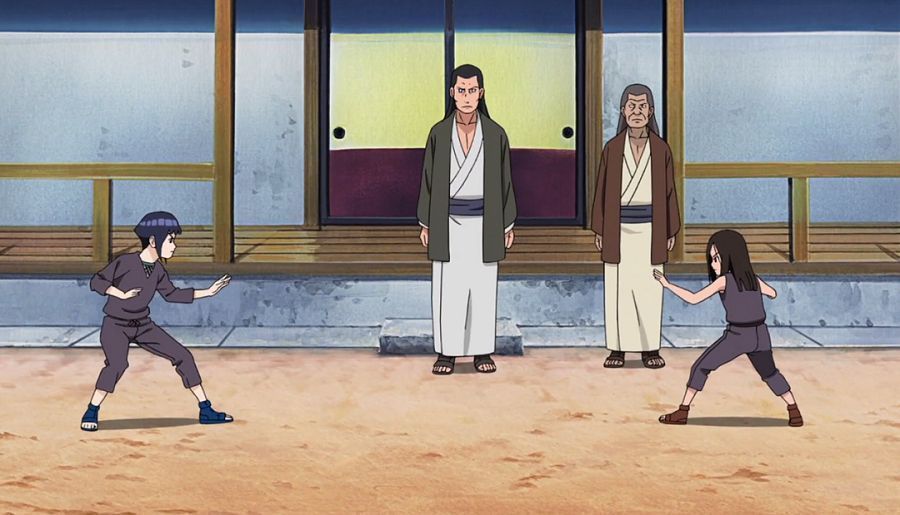 童年雏田低头哭泣，鸣人站在她面前挡下攻击，脸上带伤却依然微笑