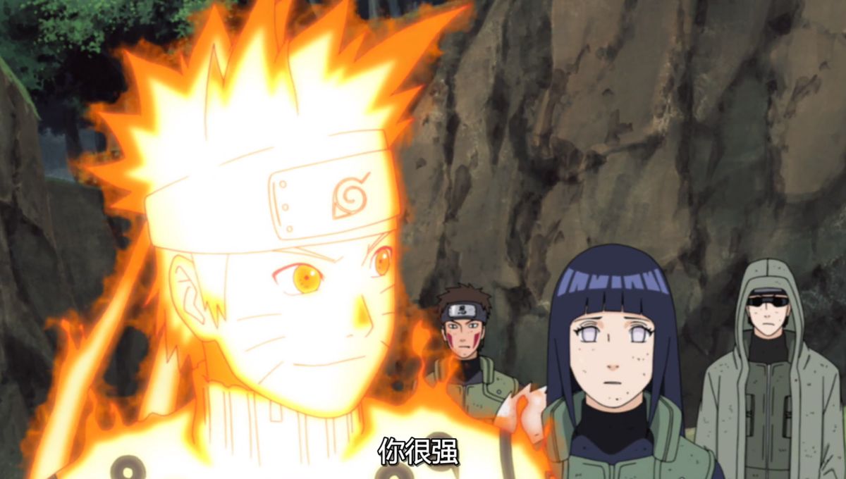 战场上雏田与鸣人并肩站立，目光交汇，周围是弥漫的硝烟与残破大地