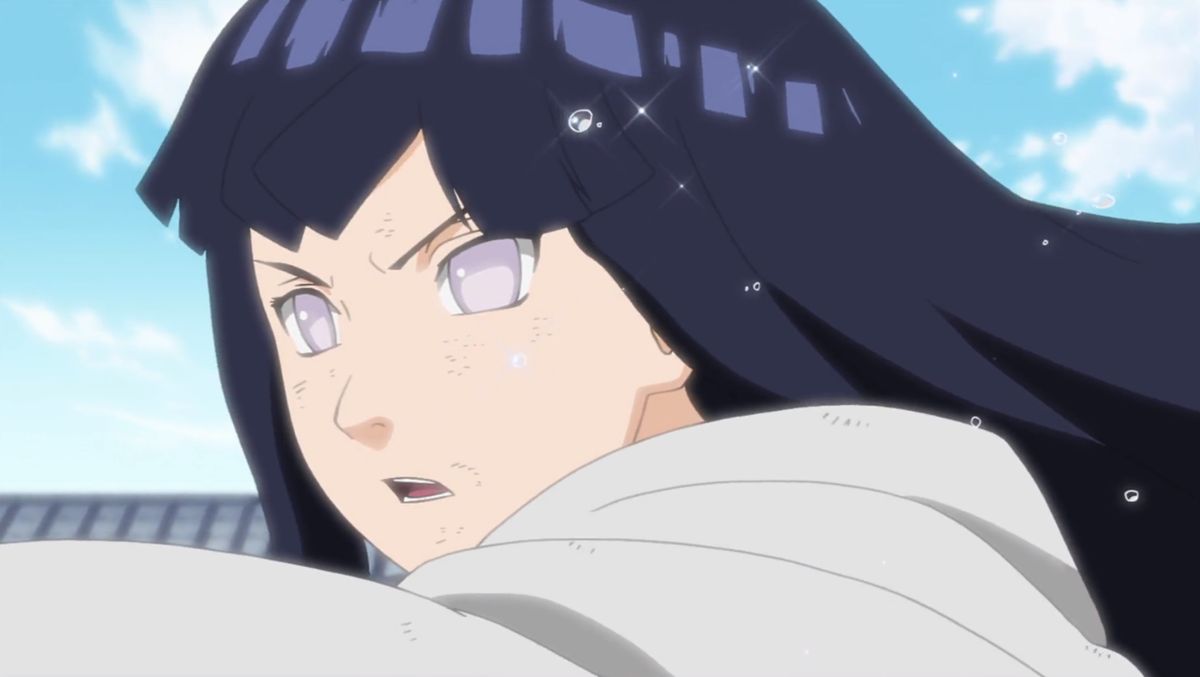 成年雏田身穿日向族服，手持团扇站在樱花树下，神情宁静而坚定