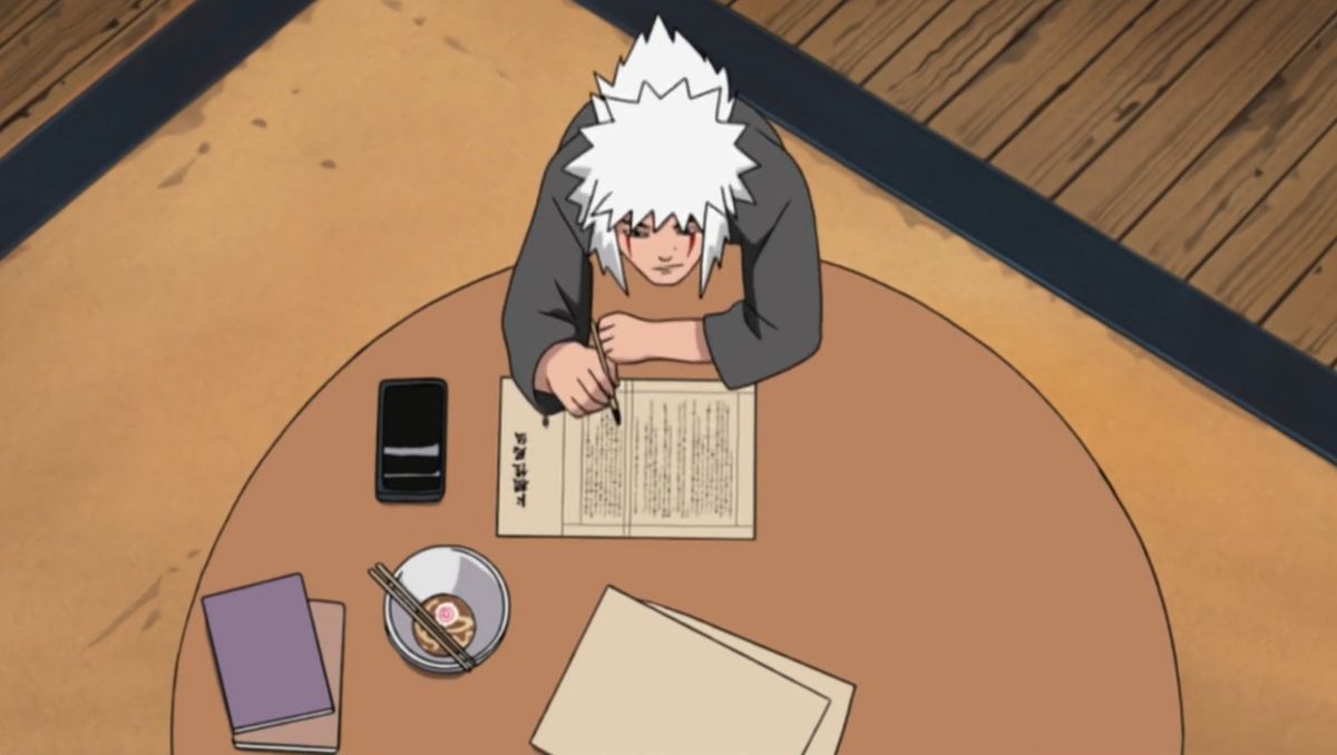 自来也[小说家]身穿和服手持毛笔的立绘形象，背景为木叶村夜景，充满文艺气息