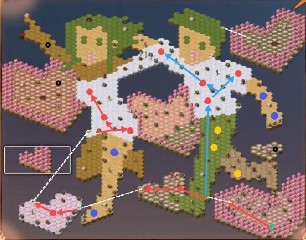 第一阶段路线示意图，三支队伍以不同颜色箭头标出前进方向，围绕起始点呈扇形展开