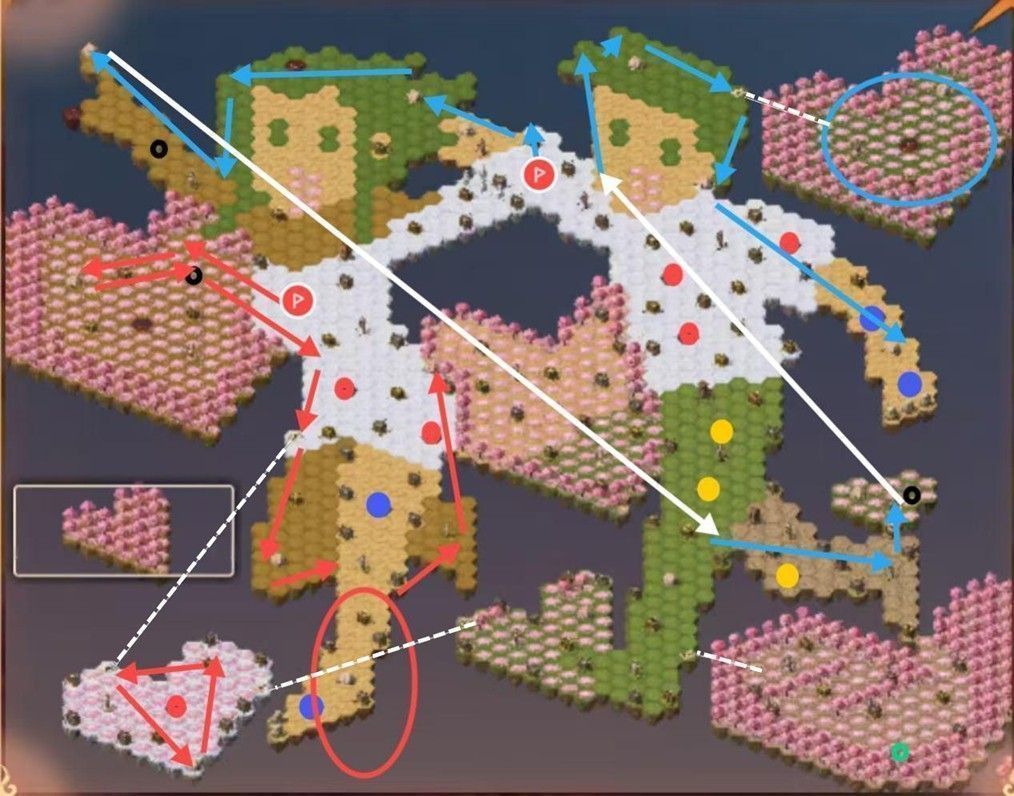 第二阶段营地占领路线图，红蓝两队分别指向两侧营地群，标注了飞雷神使用建议