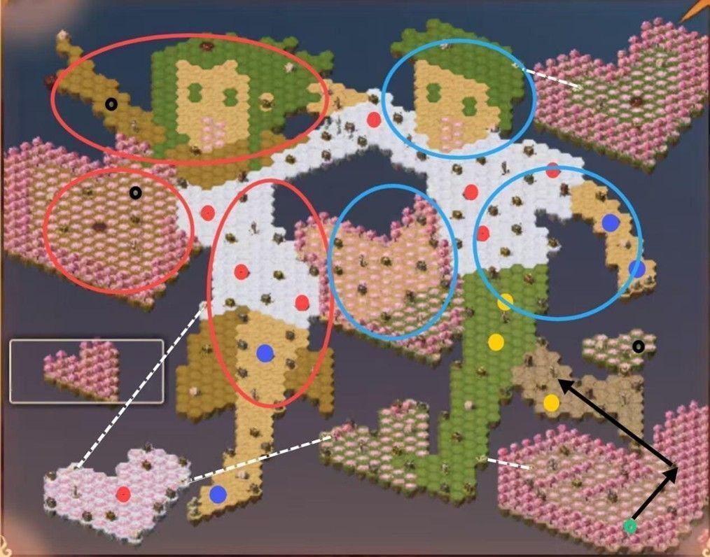 第三阶段高级地块探索示意图，重点标注远征首领位置及推荐进攻路径