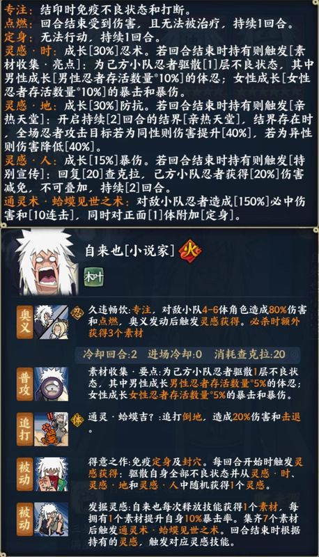 自来也[小说家]技能详情界面，展示其奥义、被动与结界技能的具体描述