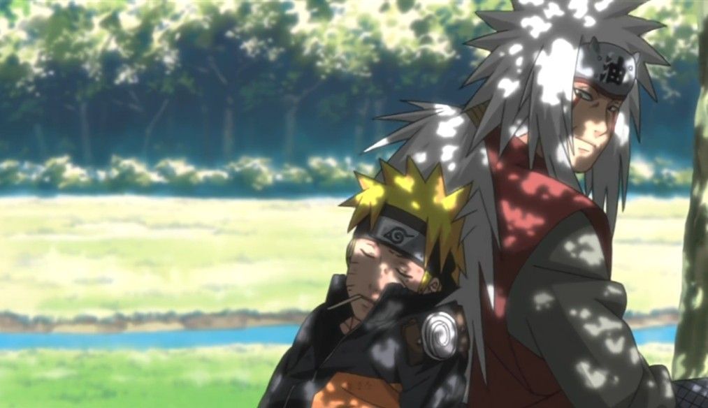 游戏宣传海报风格图片，自来也站在悬崖上挥毫书写，背后是绽放的忍术光芒