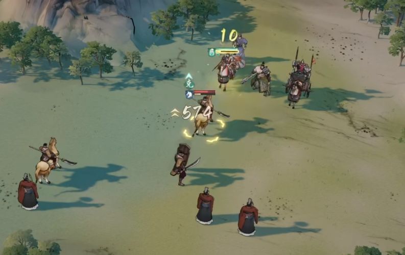 刘备、关羽、张飞三人并肩作战的游戏画面，技能特效华丽，展现羁绊联动