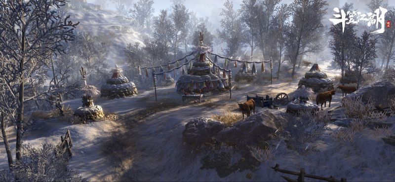 《斗笠江湖》游戏主视觉图，主角身披斗笠立于山巅，背景是古风城池与翻涌云海，充满江湖气息