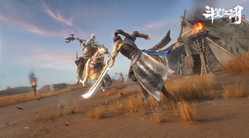 战斗场景画面：主角带领义军守卫城墙，箭雨纷飞，火光冲天，展现大规模战场对抗