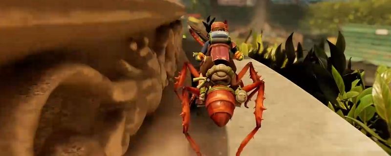 玩家操控角色在微观环境中穿过白色管道，周围可见放大版的草叶与土壤颗粒