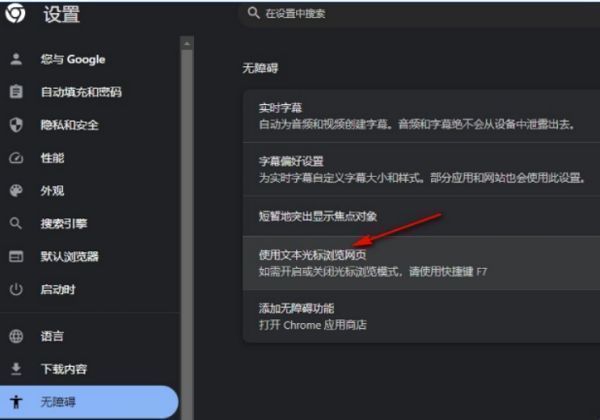 使用文本光标浏览网页选项及其开关位置清晰可见