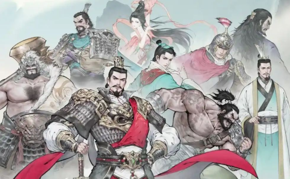 三名武将并肩作战场景，曹仁在前排格挡，夏侯惇侧翼输出，曹操居中释放辅助技能