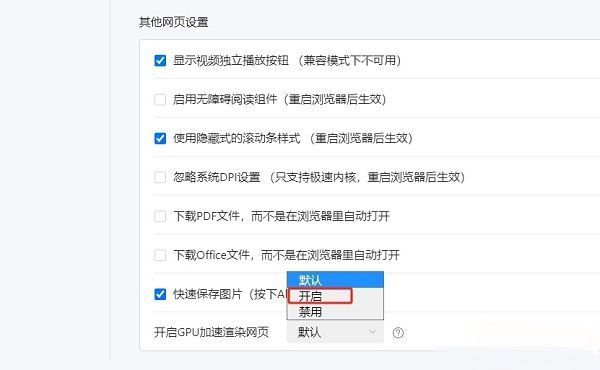 GPU加速渲染选项已设置为开启状态，下拉菜单中‘开启’项呈选中样式