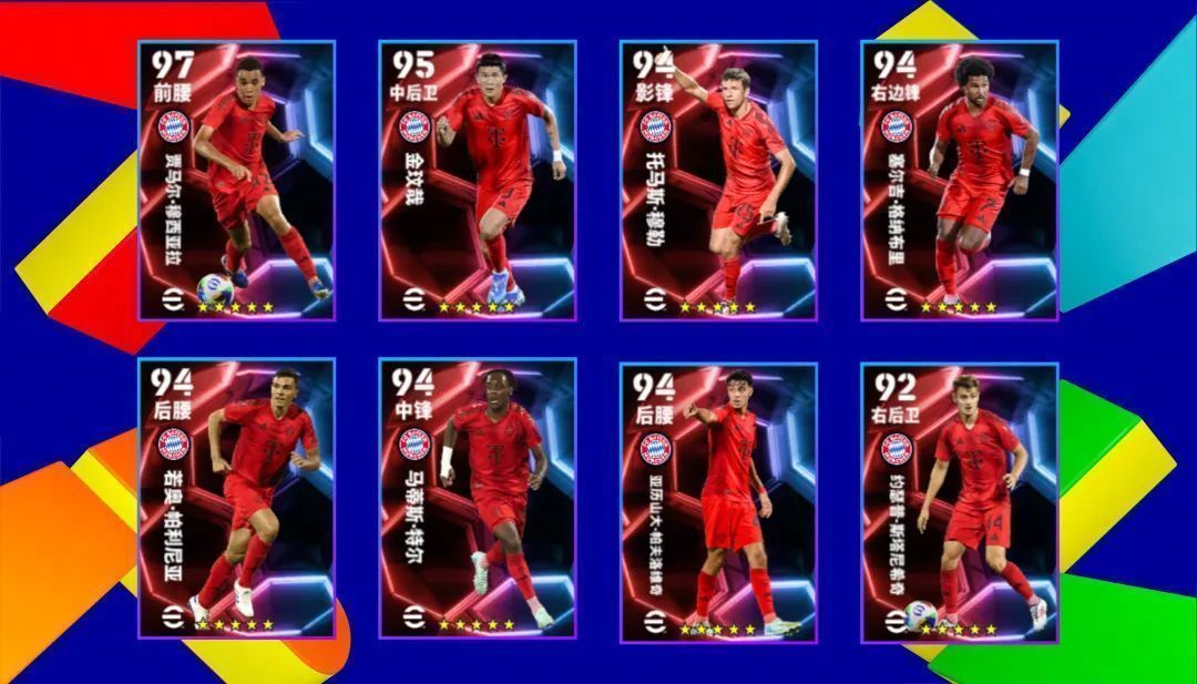 拜仁精选球员卡牌展示墙，包含多名现役主力，重点标注穆西亚拉与穆勒