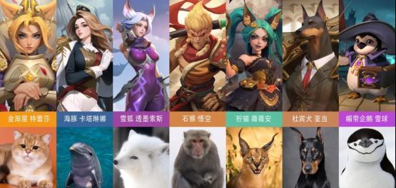 多位动物英雄角色立绘展示，包括猫耳骑士、熊形态战士和狐狸法师，各具特色