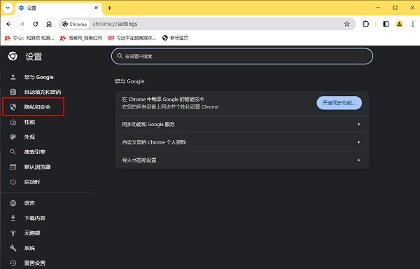 左侧菜单高亮显示‘隐私和安全’选项，右侧为空白内容区