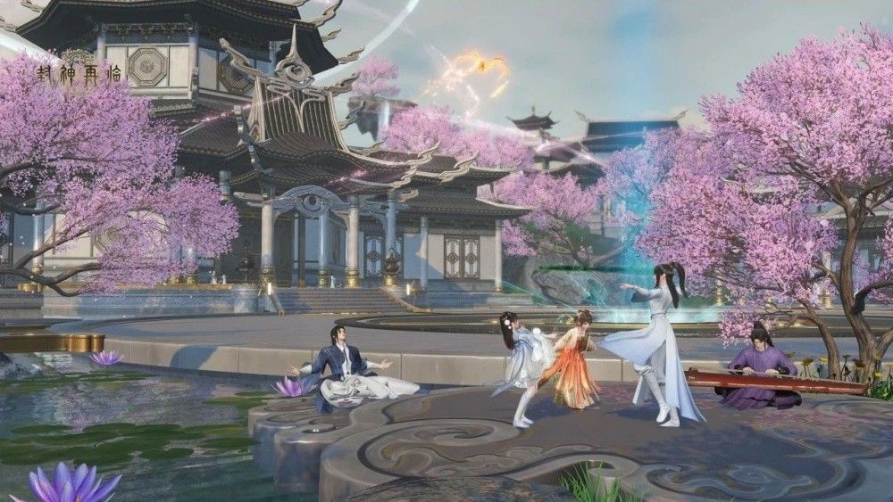 两名玩家角色在月下携手漫步，身后是飘渺山门，画面浪漫唯美，展现仙侣系统互动场景