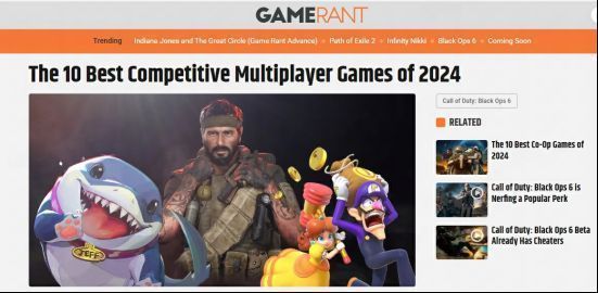 GameRant评选的‘Best Multiplayer Games of 2024’榜单，《漫威争锋》赫然在列