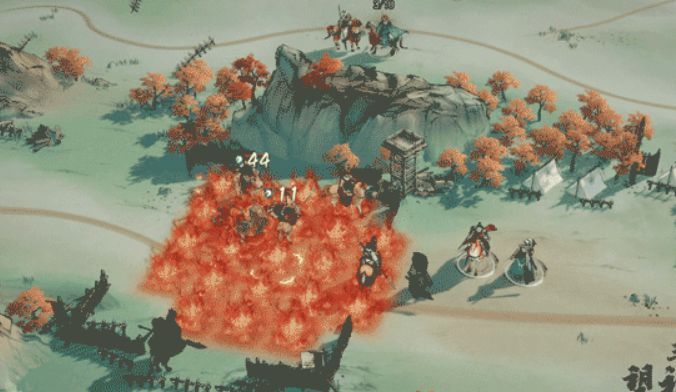 战场上火焰席卷敌我双方，前排武将正在承受持续伤害