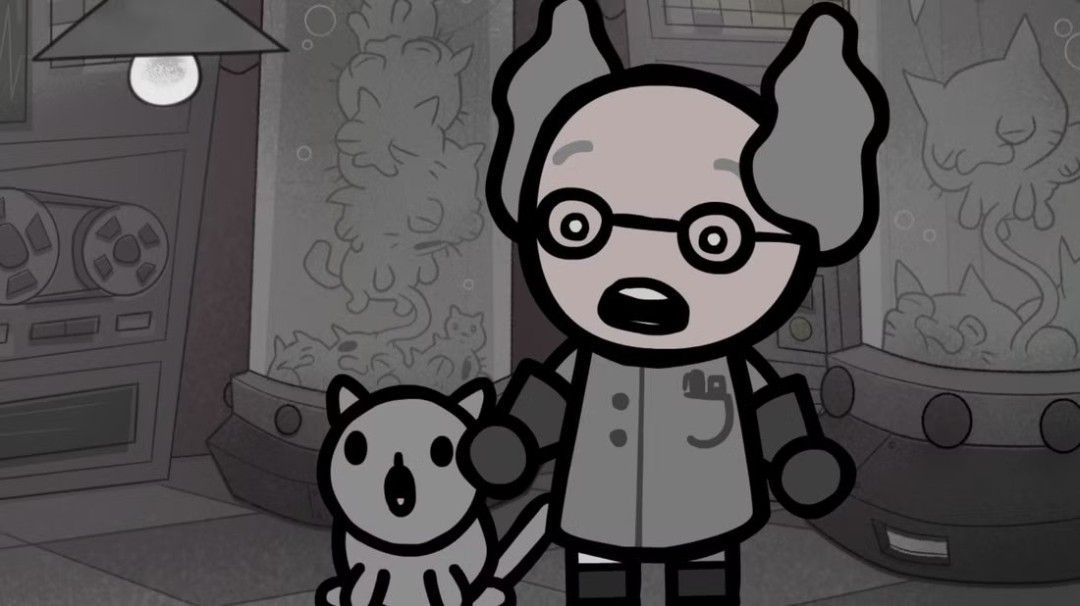 《Mewgenics》官方宣传图，画面中多只风格独特的猫咪角色并列站立，背景融合科技与奇幻元素，整体色调温暖且富有神秘感