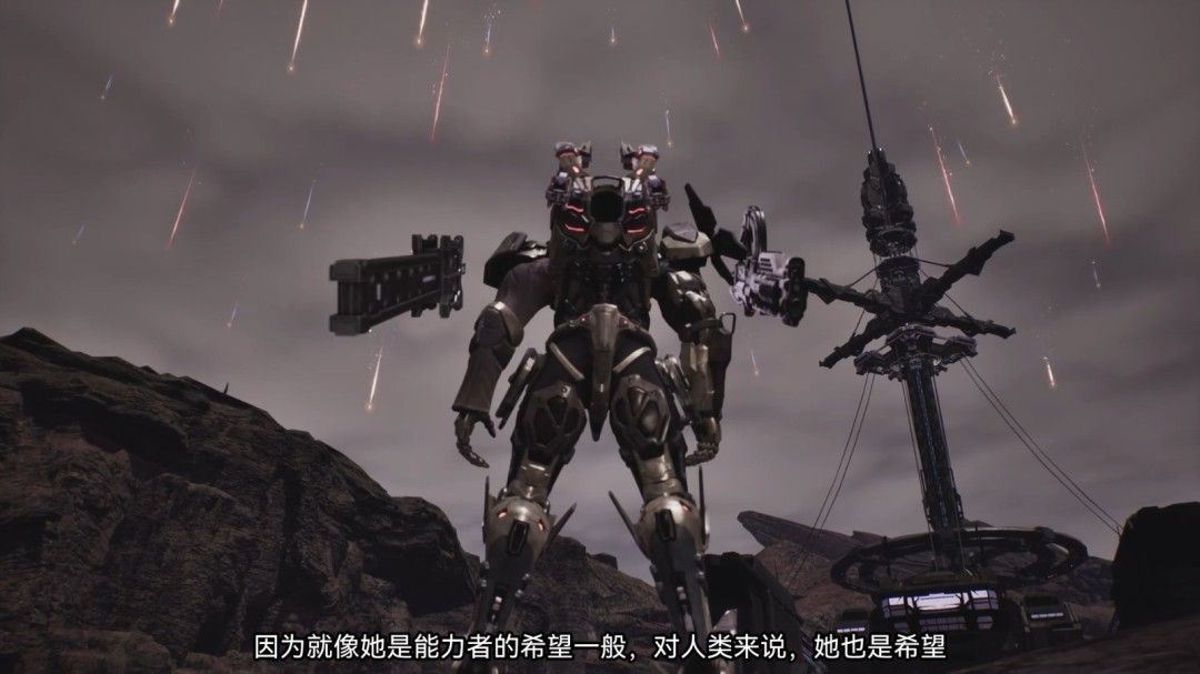 机甲在雷雨夜中站立于高楼顶端，闪电照亮其金属装甲，氛围极具压迫感