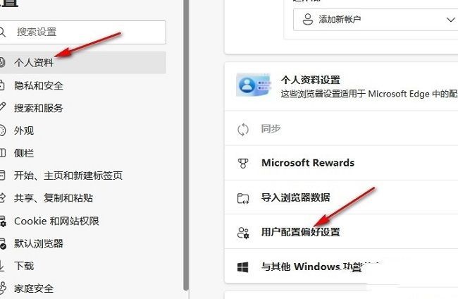 Edge个人资料设置页面中‘用户配置偏好设置’被选中，界面显示多个同步与登录选项