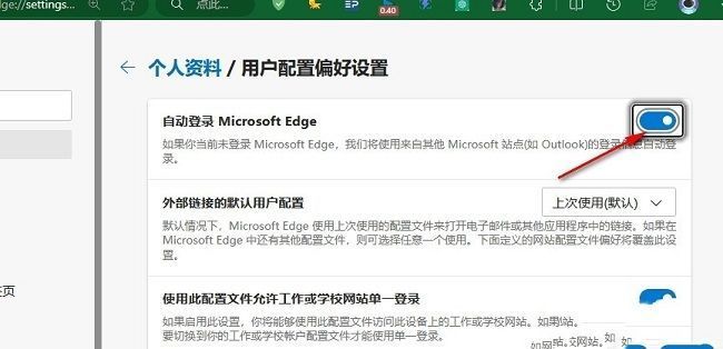 Edge设置项中‘自动登录Microsoft Edge’开关已处于开启状态，呈现蓝色高亮