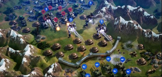 战斗场景截图，一台黑色机甲正在空中跃起，轨迹划出蓝色光痕，下方是密集的敌方阵地