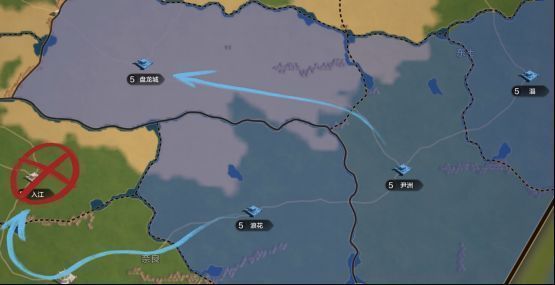 地图上用红线标示出合法进攻路径，灰色区域为因不连通而无法攻击的目标城市