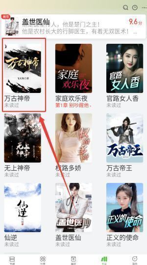 我的书架页面展示，多本小说整齐排列，包含封面、标题及最新章节信息