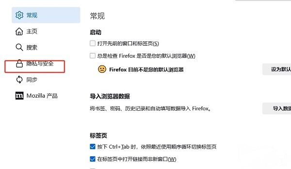 隐私与安全选项位于设置页面左侧栏，突出显示